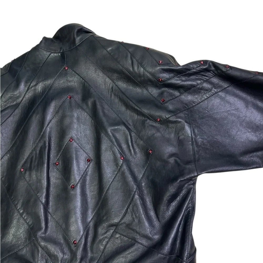 Vintage Junko Koshino Black Leather Jacket Red Glass Studs Shoulder Pads Men 42